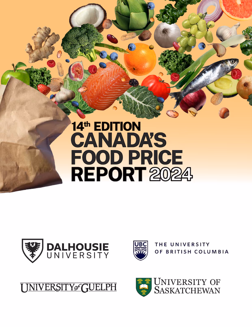 Canada’s Food Price Report 2024 cover, produced by Dalhousie University, the University of Guelph, the University of British Columbia, and the University of Saskatchewan.