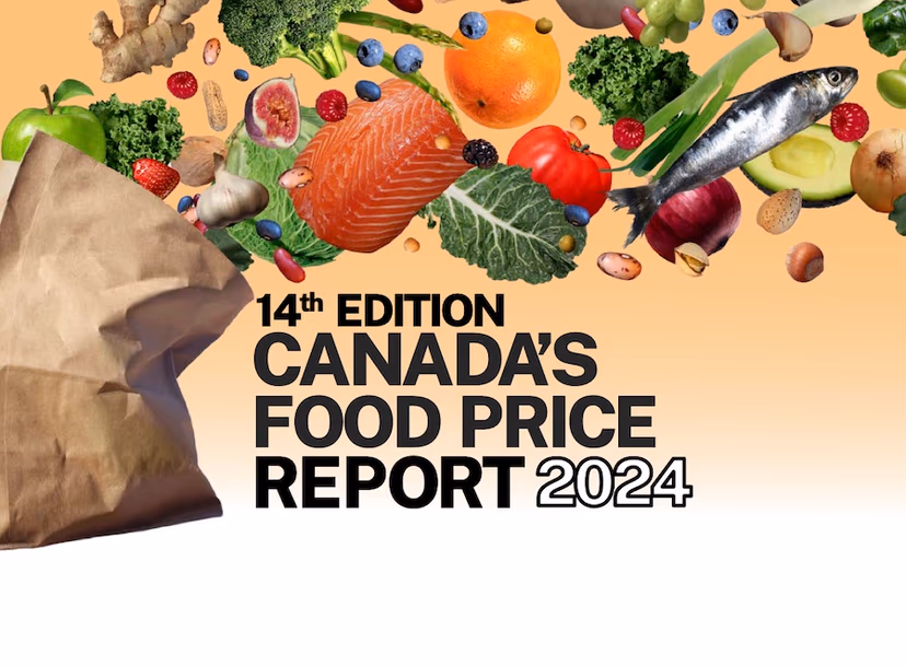 Cover of the 14th edition of Canada’s Food Price Report 2024, featuring fresh produce spilling from a grocery bag.