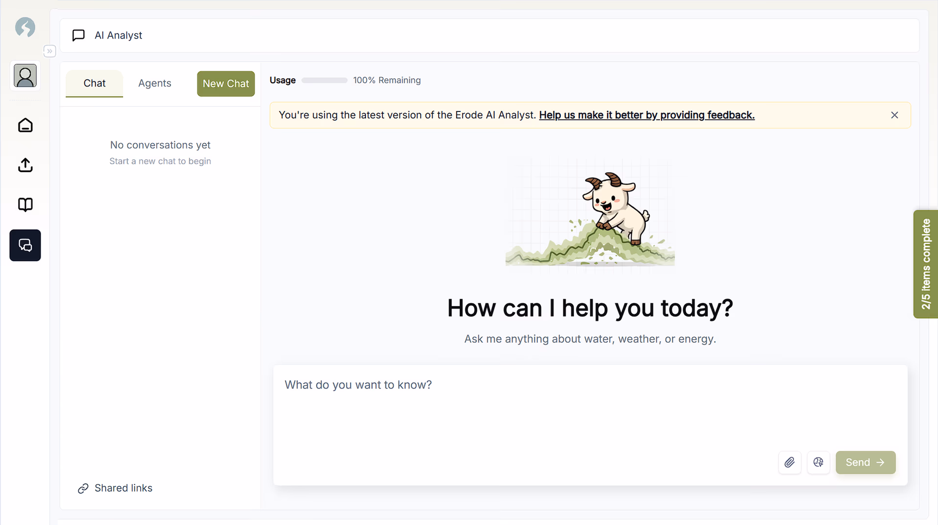 The Erode AI Analyst chat screen with the prompt “How can I help you today? Ask me anything about water, weather, or energy.” and a question input box.