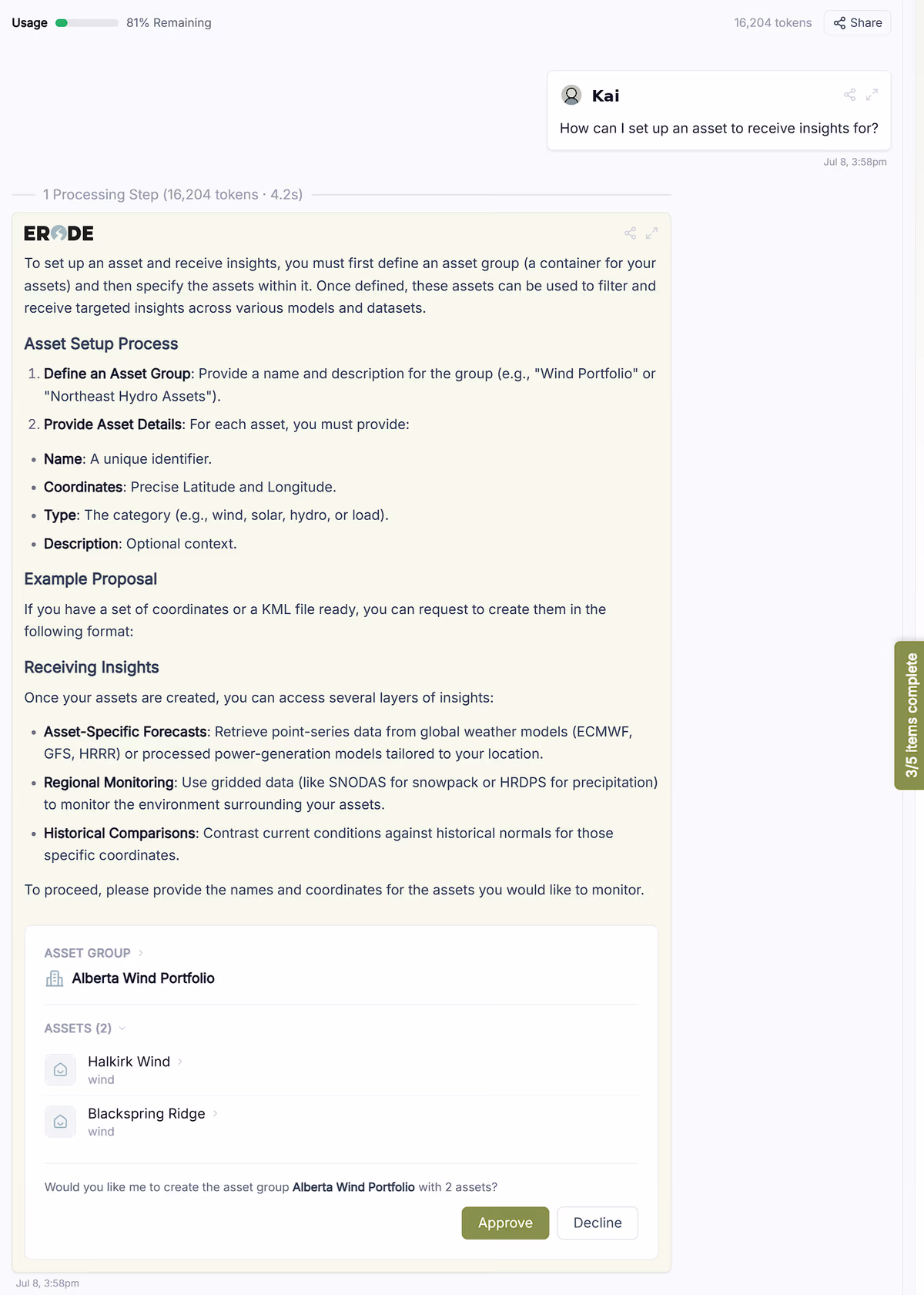 A chat where the user asks how to set up an asset, and the Erode Analyst explains the setup and proposes an “Alberta Wind Portfolio” asset group with two wind assets, ready to approve or decline.