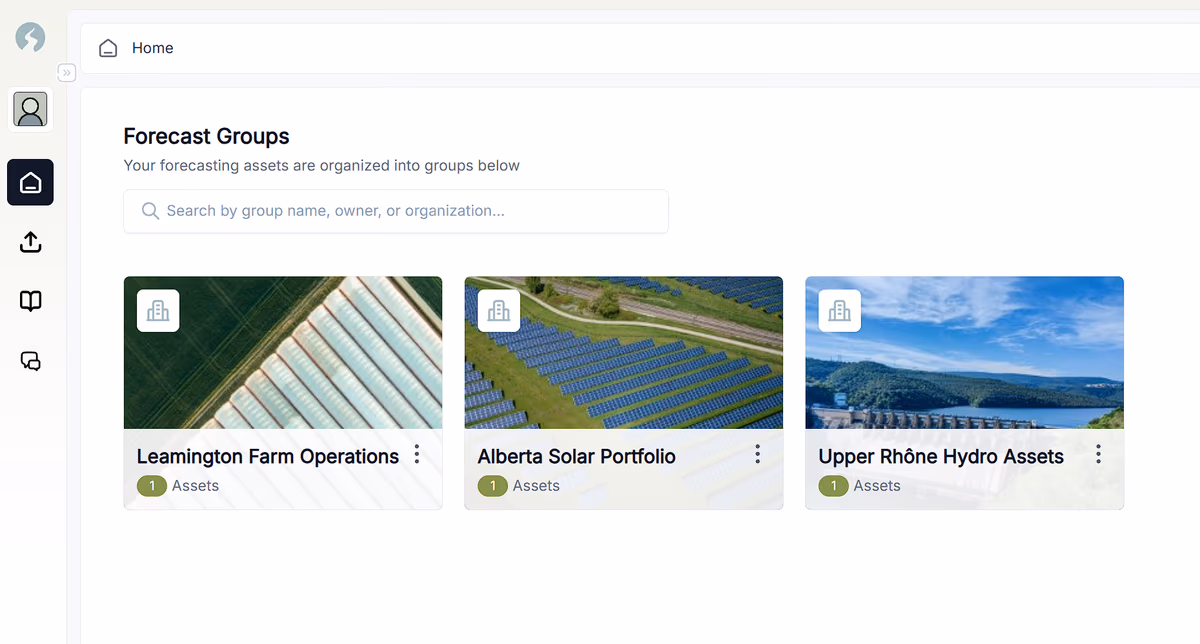 The Erode home screen showing Forecast Groups - a farm operation, a solar portfolio, and a hydro asset group, each grouping the real-world assets it forecasts.
