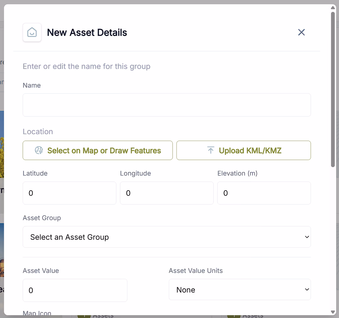 The New Asset Details form with fields for name, location, latitude, longitude, elevation, asset group, and asset value.