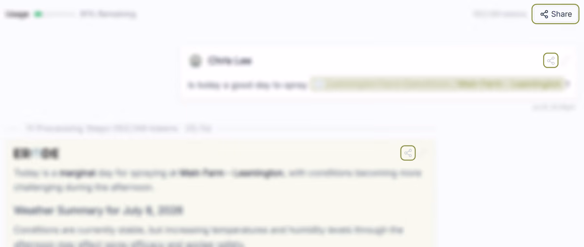 An Erode conversation with the rest of the screen frosted to highlight the Share button in the top bar and the small share icon in the top-right of each message.