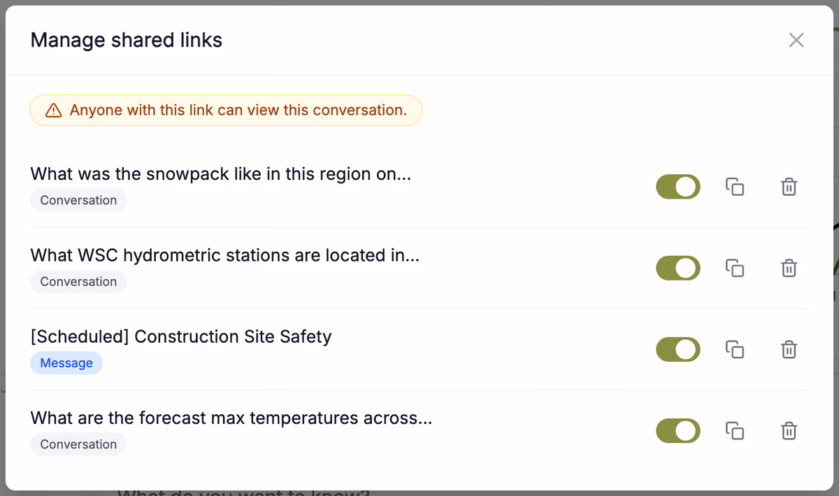 The Manage shared links panel listing shared conversations and messages, each with an on/off toggle, a copy-link button, and a delete button.