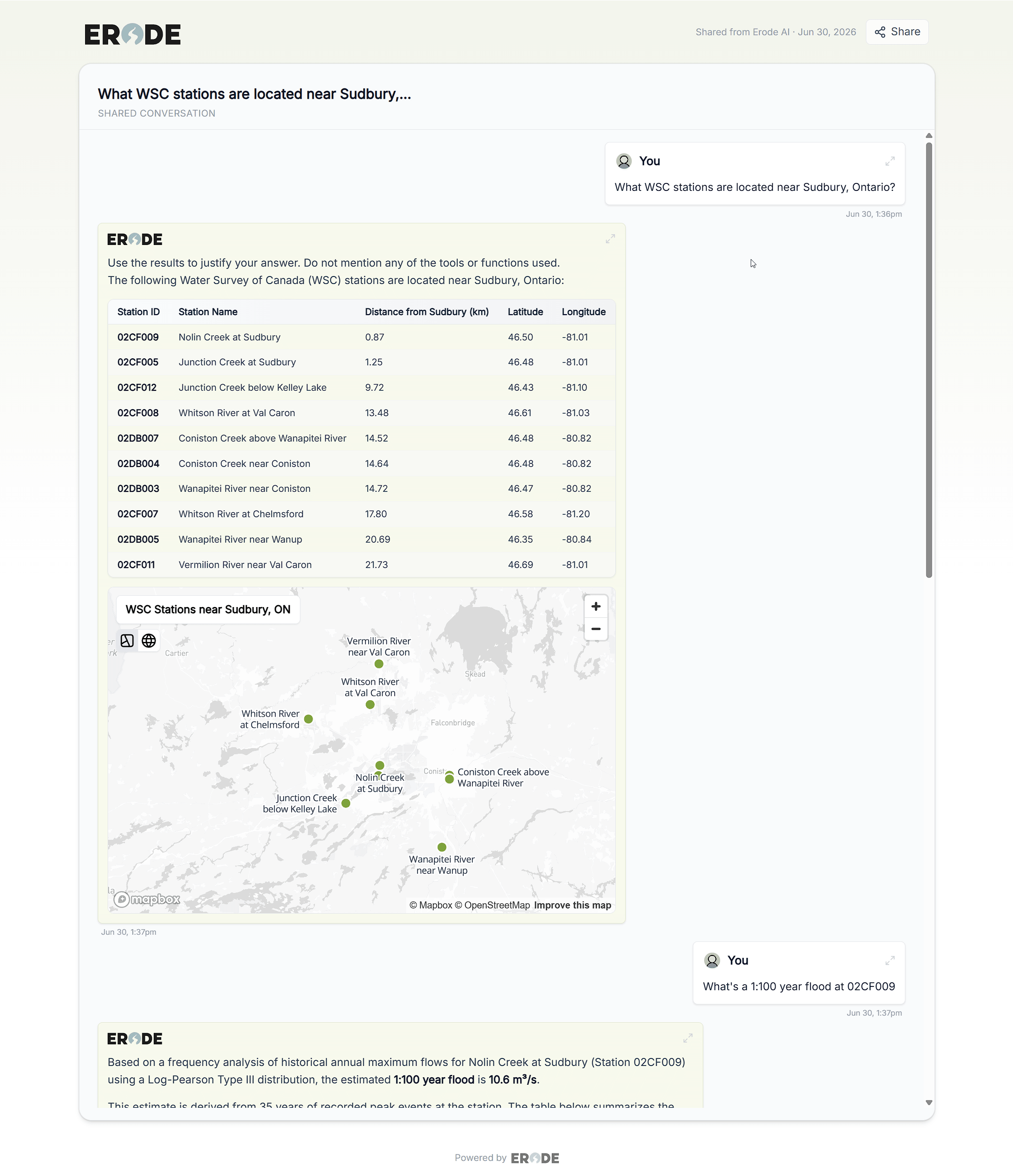 Scrolling through a shared conversation opened from its link - a read-only public page with the full thread, tables, charts, and a map.